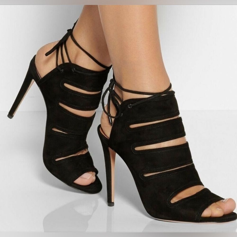 Aquazzura Sloane Black Suede Cutout Cage 3.5” Heels Sandals 7